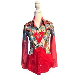 Etro Coral Background Multi Color Print Button Shirt-Size 40